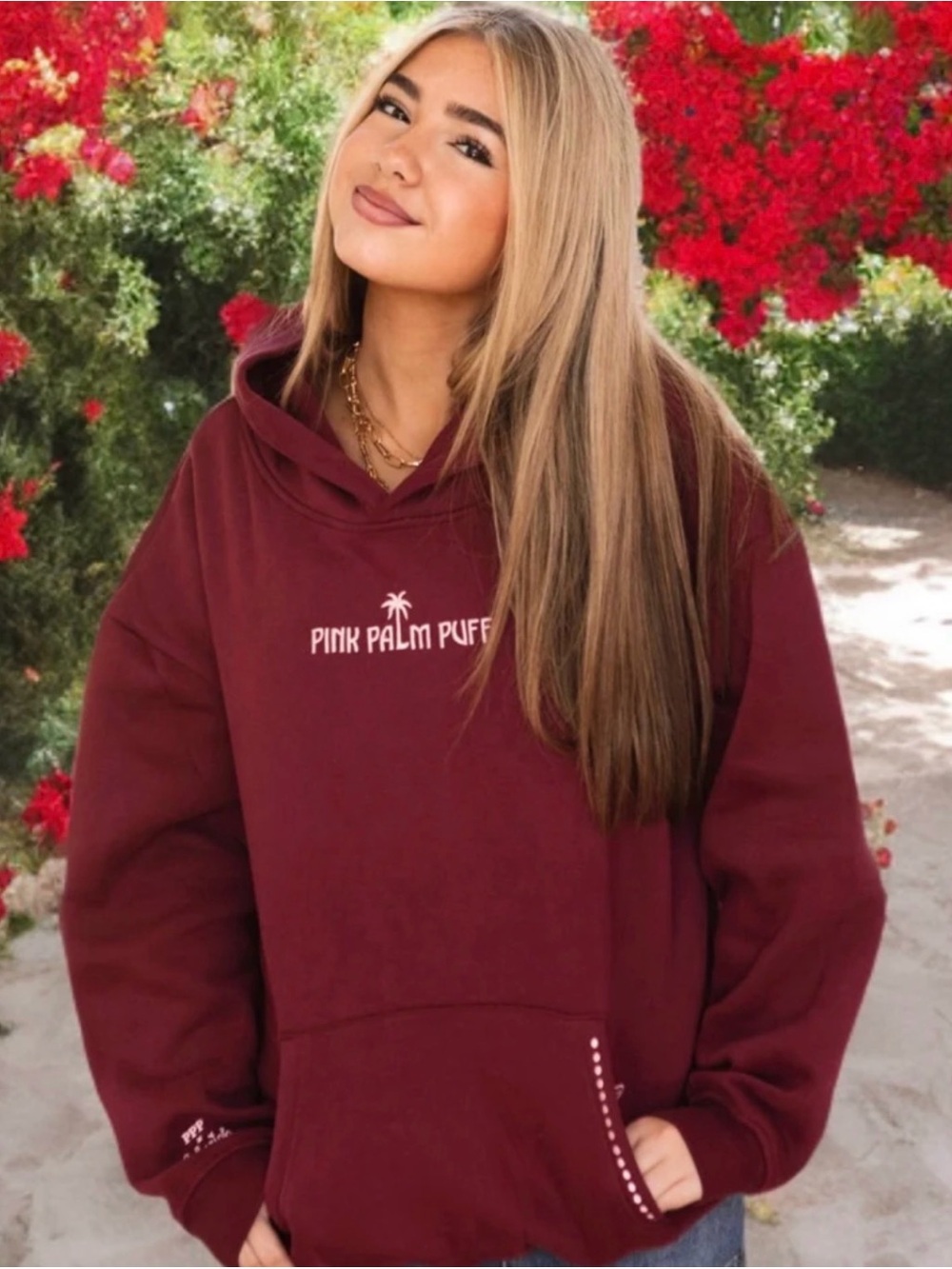 Pink Palm Puff Embreigh Live In The Moment Cherry Hoodie, Size Small